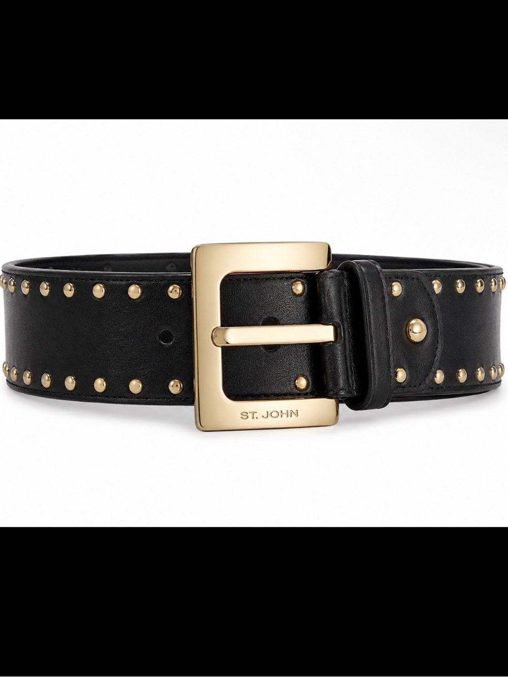 St. John Black Leather Studded Belt with Gold Buckle Accent leather